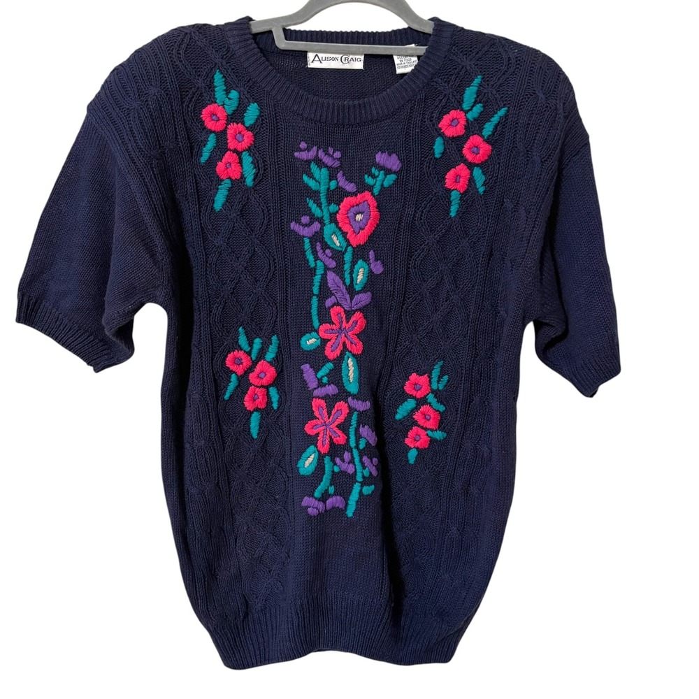 Womens Large Sweater Navy Blue Floral Embroidered Short Sleeve Knit Cottagecore